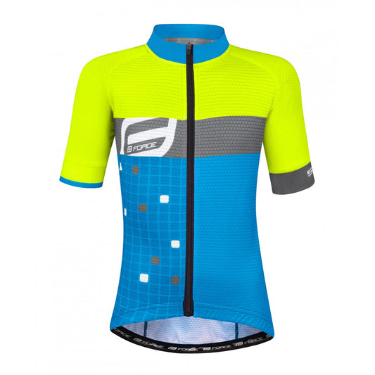 Tricou ciclism copii FORCE Square fluorescent albastru gri