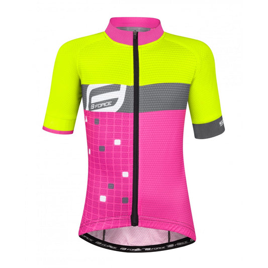 Tricou ciclism copii FORCE Square fluorescent roz gri