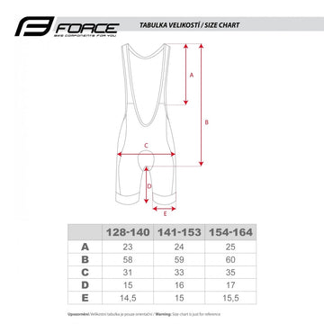 Pantaloni scurti ciclism copii cu bazon si bretele FORCE Kid Victory negru gri masuri masuratori